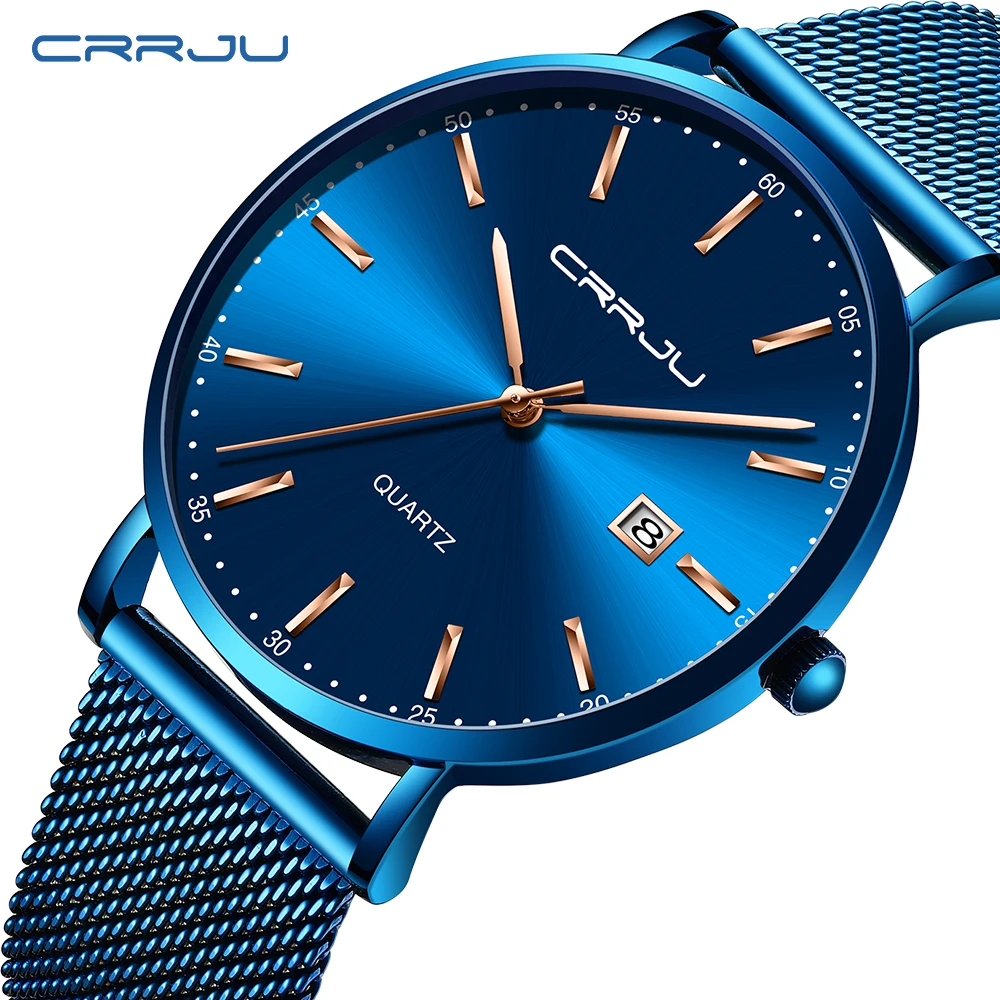 

2019 New Mens Watches CRRJU Top Brand Luxury Waterproof Wrist Watches Date Simple Casual Quartz Watch Men Blue Sports Clock