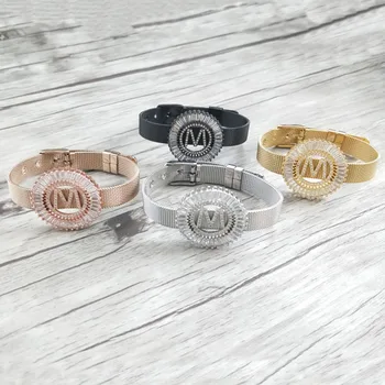 

4 Pieces Copper mirco pave cz zircon letter M Pendants,Chic circle charms big initials Strap bracelet jewelry For women BG199