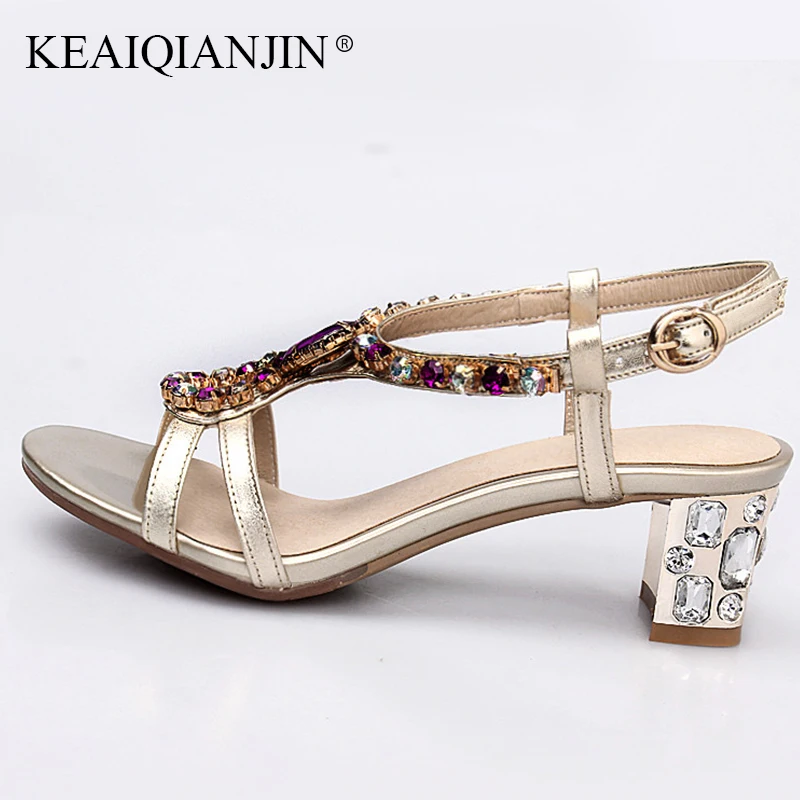

KEAIQIANJIN Woman Summer Open Toe High Heels Sandals Fashion Silvery Party Shoes Genuine Leather Golden Crysta Peep Toe Sandals