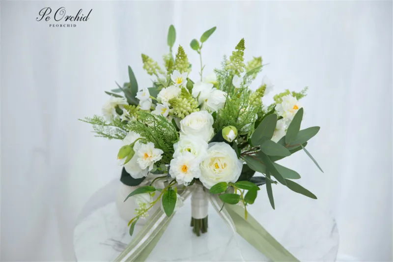PEORCHID Зеленые Белые Свадебные букеты красивый искусственный свадебный букет невесты цветок розы Флорес Damas De Honor