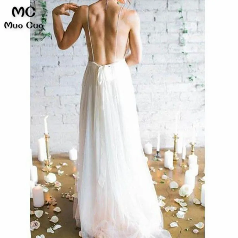 A-line Deep-V Sweep Train Chiffon Simple Wedding Dresses4_