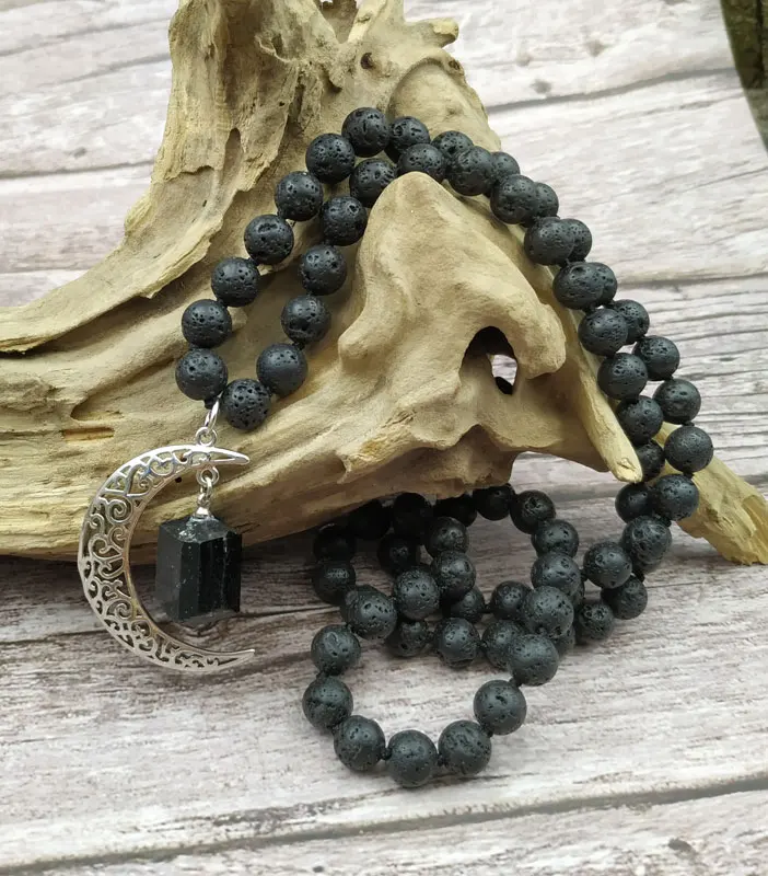 YA3925 Natural Black Tourmaline Monn Pendant Black Lava Stone Beads Knot Handmade Necklace 2