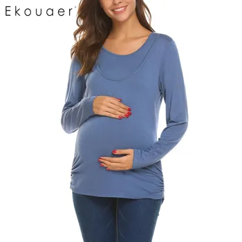 

Ekouaer Sleepwear Top Women Maternity Nightwear T-Shirt Double Round Neck Long Sleeve Nursing Breastfeeding Sleep Tops