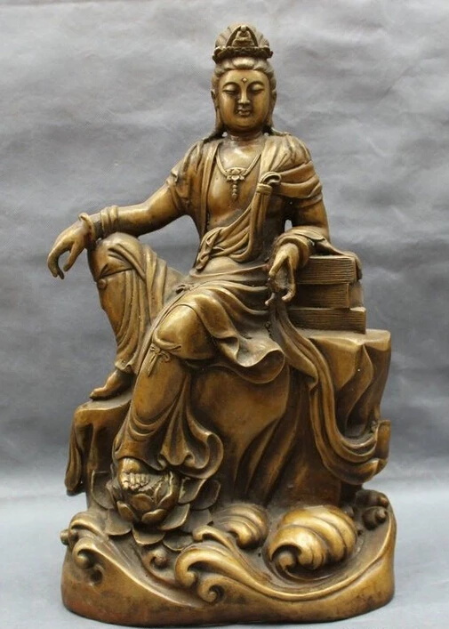 

19" Folk Chinese Bronze Lotus GuanYin Buddha Kwan-Yin Goddess Statue Sculpture