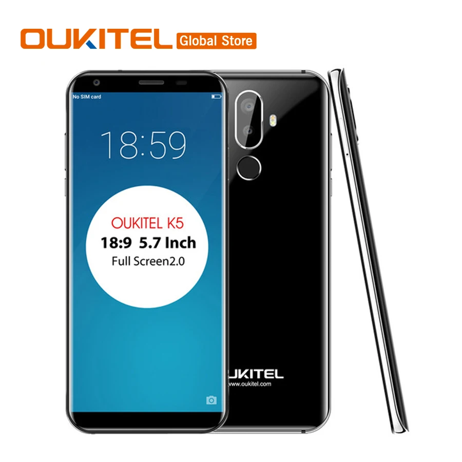 Oukitel K5 18:9 дисплей 5,7 ''HD Android 7,0 2 Гб ОЗУ 16 Гб ПЗУ MTK6737 четырехъядерный 13 МП 3 камеры 4000 мАч отпечаток пальца мобильный телефон