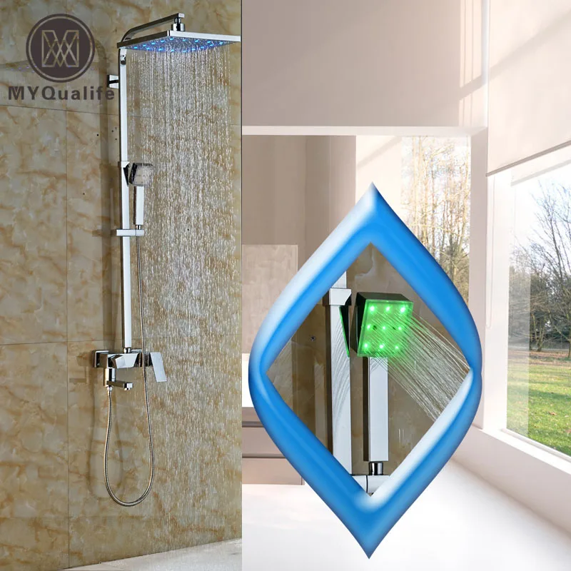 

Luxury Bath and Shower Faucet Led Light 12" Square Rain Shower Head Chrome Bathroom Shower Set Column with Tub Filler