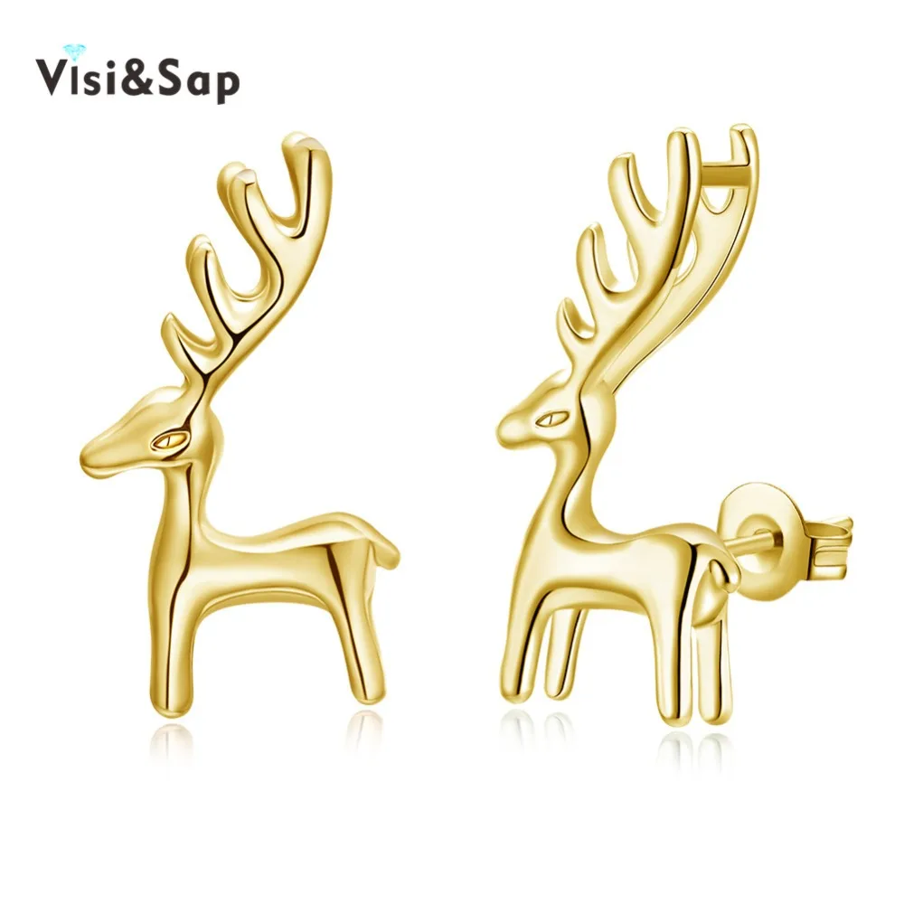 

Visisap Christmas Deer Antlers Earring Gold Color Stud Earrings For Women Fashion Accessories New Year Gifts Jewelry VPE1329