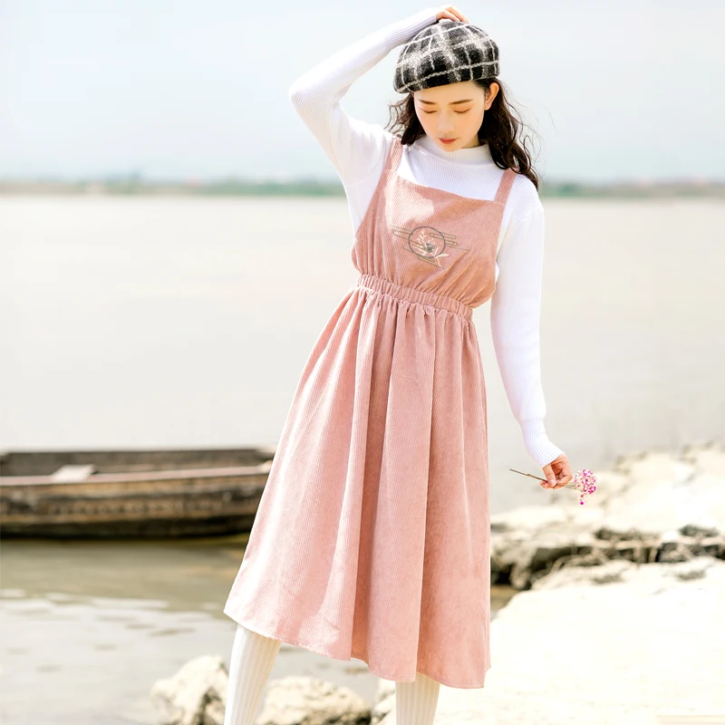 Mori Girl Spring Autumn All-Match Midi Sundress Suspenders Floral Embroidery Lady Corduroy Dress Elegant Korea Sweet Women Dress