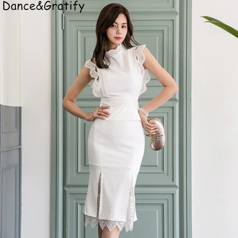 

2019 New Summer Elegant Lace Patchwork Two Piece Sets White Blouses Tops Bodycon Mermaid Skirt Women Office Work Suit