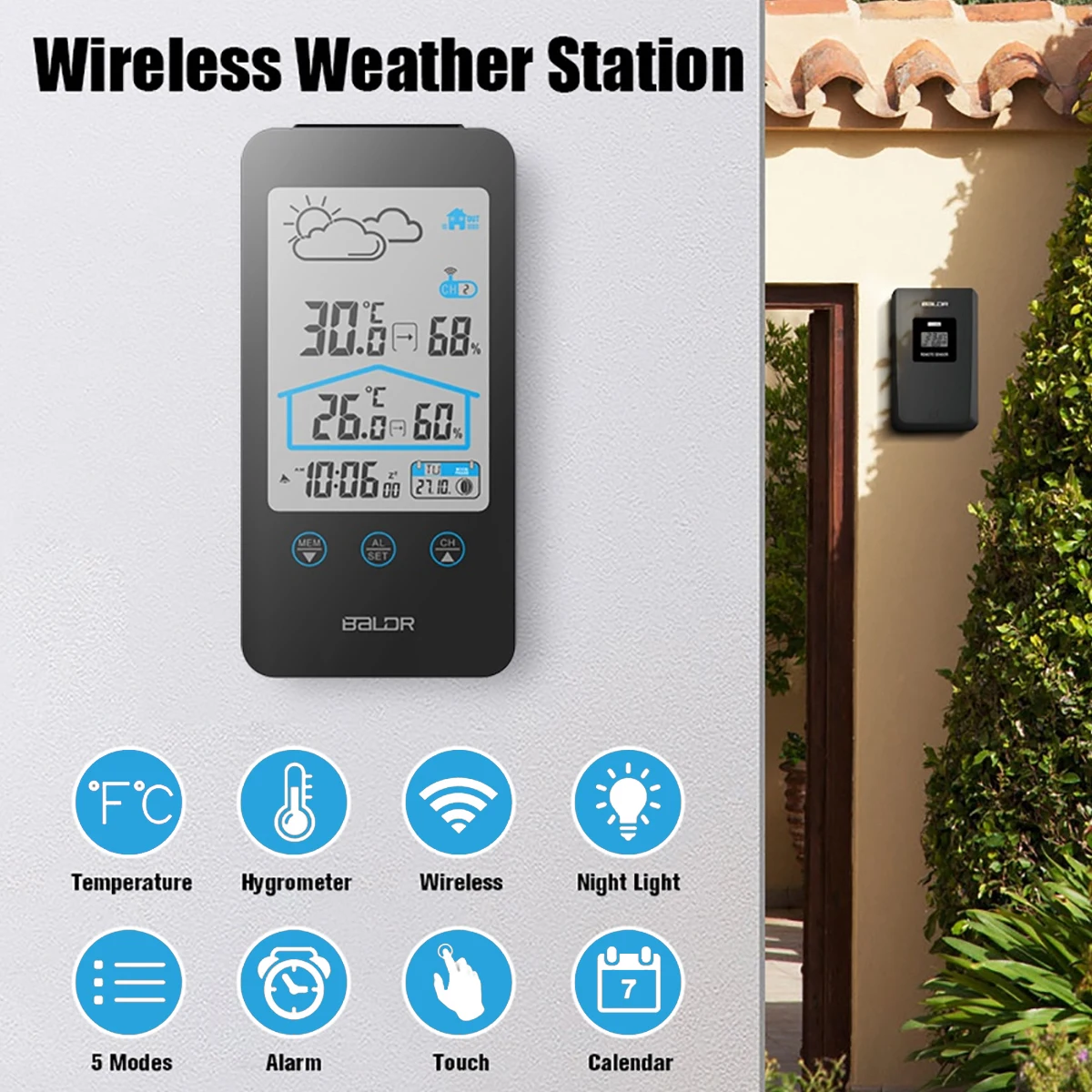 

Baldr Wireless LCD Digital Indoor Outdoor Thermometer Hygrometer Weather Forecast Station Alarm Clock with Temperature Sensor
