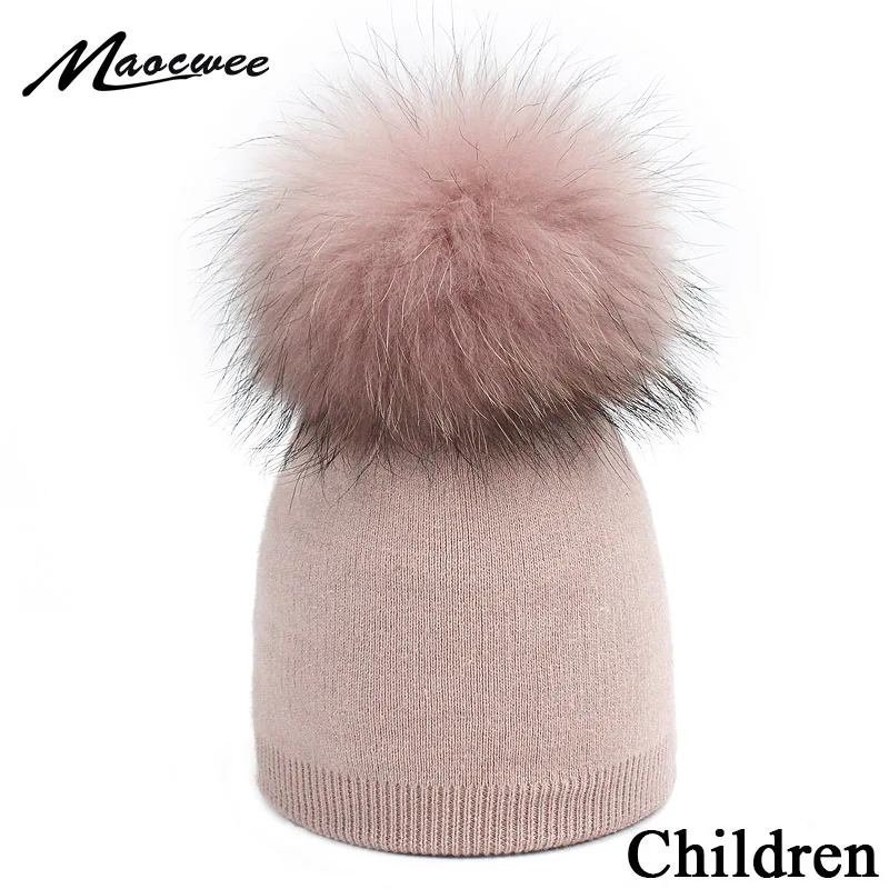 Детская шапка с помпоном, осенне-зимняя вязаная шапка, теплый мягкий шерстяной детский головной убор с помпонами из меха енота