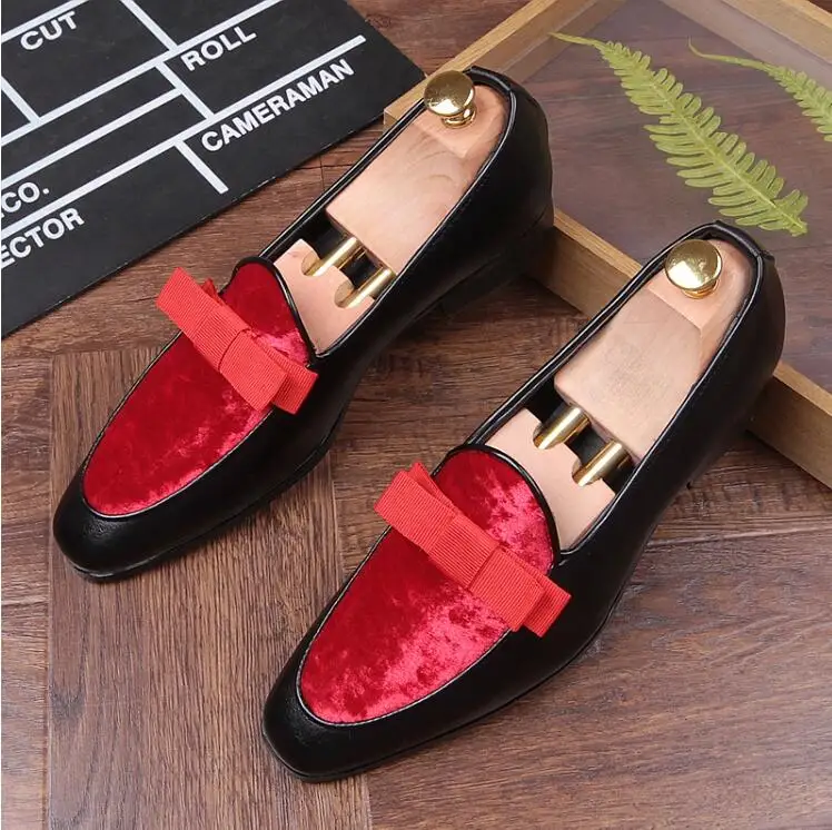 Замшевые Модные Мужские модельные кожаные туфли свадебные туфли с острым носком без шнуровки с бантом красные, черные туфли-оксфорды на плоской подошве