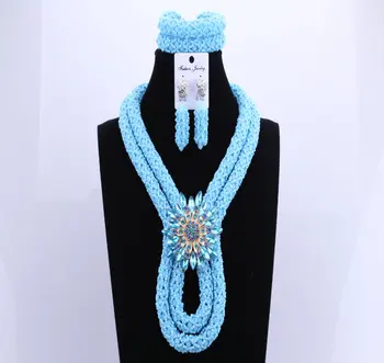 

2017 Blue African Crystal beads Necklace Set Two Layers Big Design Costume Nigerian Wedding African Beads Jewelry Set