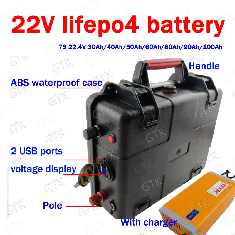 

GTK lifepo4 7S 22.4V 22V 100AH 80Ah 30Ah 50Ah 60Ah no 24V 80Ah lithium battery for 2000W golf carts go cart scooter RV + Charger