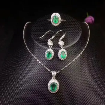 شراءطقم مجوهرات الزمرد الطبيعية الطبيعية ريال الزمرد 925 فضة 1 قطعة قلادة ، 1 قطعة خاتم ، 2 قطعة القرط