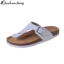 Новинка года, летние женские пляжные пробковые шлепанцы, повседневные сандалии, шлепанцы с блестками, сабо с двойной пряжкой, женские шлепанцы без шнуровки, 8H0187