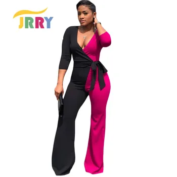 

JRRY Sexy Women Jumpsuit Long Sleeve Hollow Out Patchwork Sashes V Neck Full Length