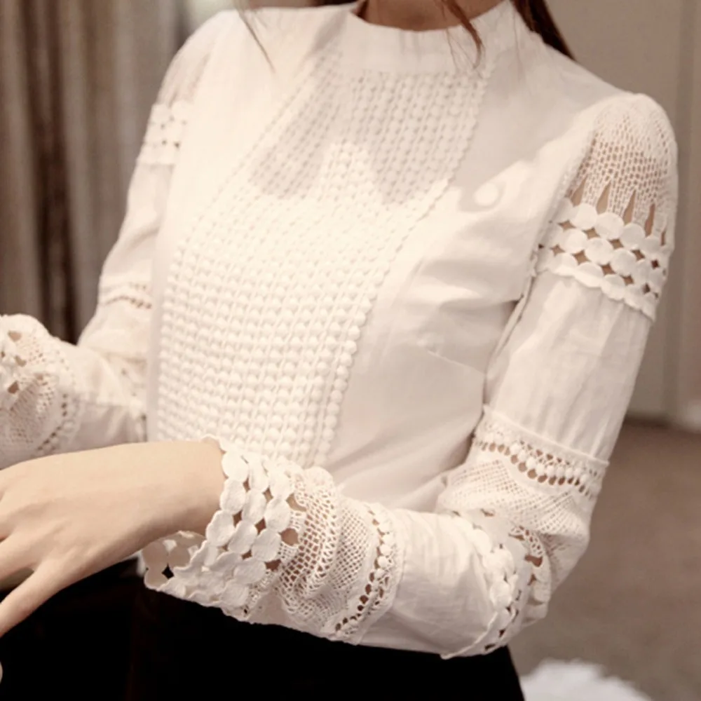 

Autumn Women Blouse Pattern O Neck Long-sleeve Slim Hollow Elegant Lace Shirts White For Female