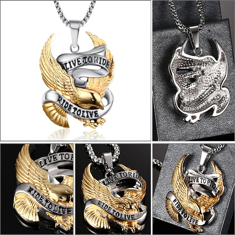 Qevila New Fashion Necklaces Punk Stainless Steel Gold Eagle Pendant Necklaces Silver Link Chian Necklace Men Women Jewelry Gift (2)