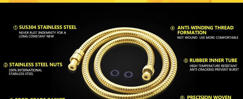 hm Shower Hose Brass Nut Double Lock Bathroom Replacement Anti-Explosion Stainless Steel 1.5M Gold Anti-Twist Plumbing Hose (4)