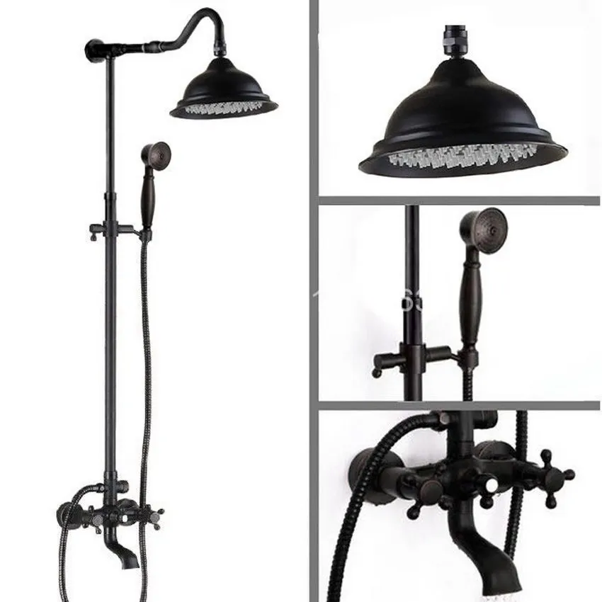 

Luxury Bathroom Rain Shower Faucet Set Black Oil Rubbed Bronze Handheld Shower Head Two Cross Handles Bathtub Mixer Tap ars661