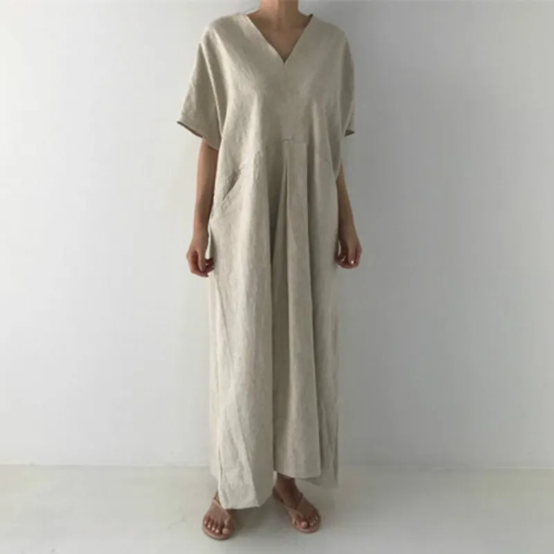 

Women Summer Long Vintage Brief Dress Ladies V Neck Oversized Straight Vestidos Big Pockets Loose Robe Femme Sukienki Jurkjes