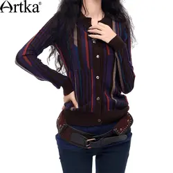 ARTKA женский осенний винтажный Повседневный однобортный полосатый шерстяной свитер с длинным рукавом и круглым вырезом YB16034D