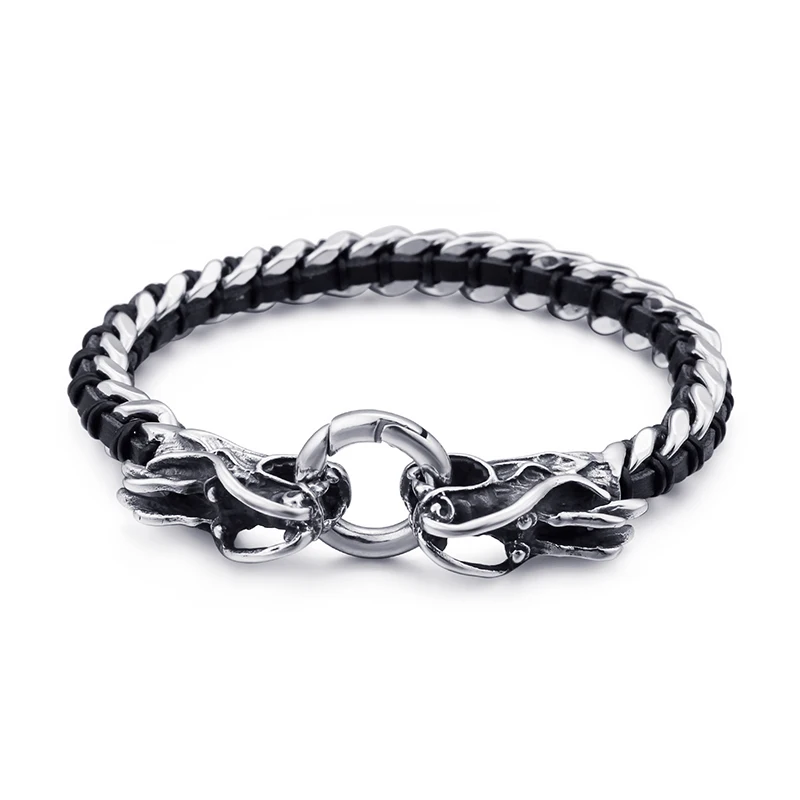 Fongten Dragon Stainless Steel Metal Viking Screw Leather Men Bracelet Jewelry - Окраска металла: Silver