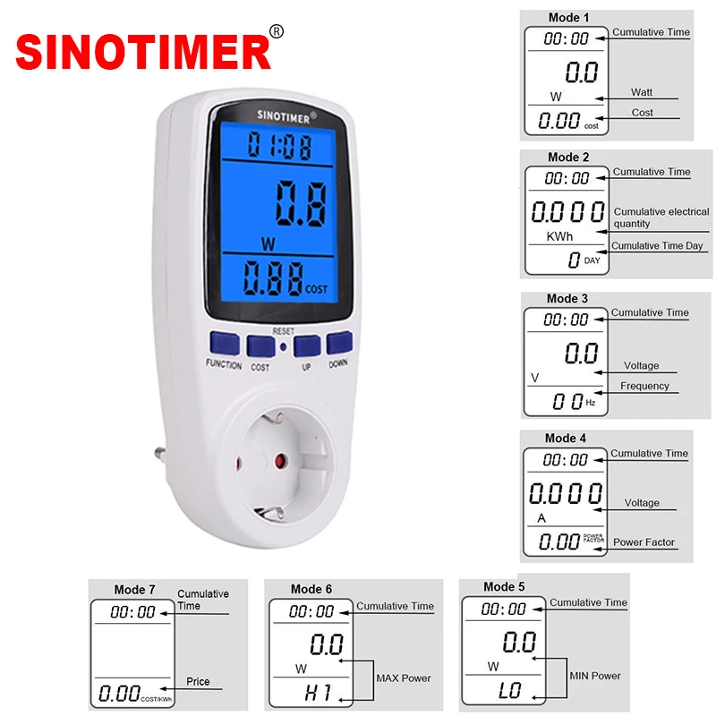 

7 Modes LCD Display Electricity Usage Monitor Power Meter EU Plug Home Energy Watt Volt Amps Wattage KWH Consumption Analyzer