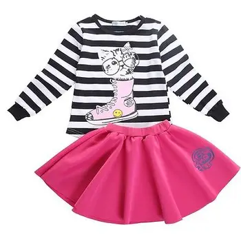 

2017 Toddler Baby Kids Girls Long sleeve Cat Print Top Pullover Red Skirt Infant Outfits Clothes