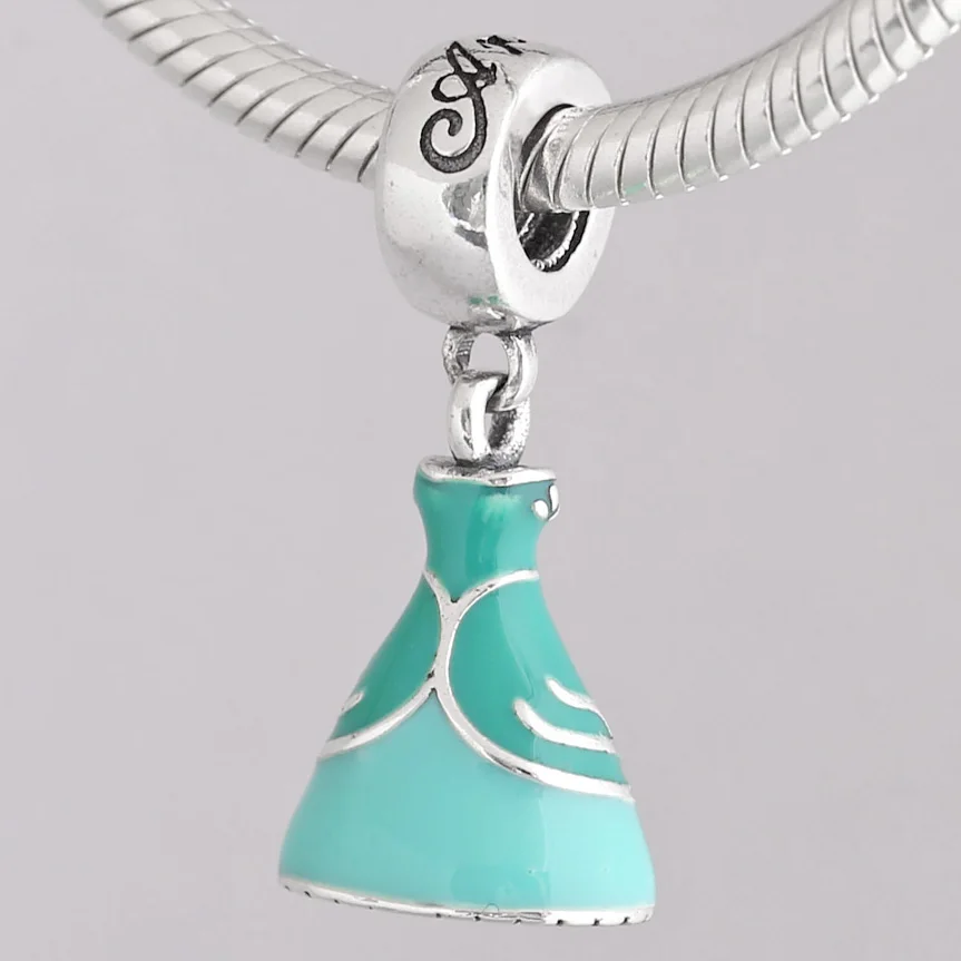 

New Green Enamel Ariel's Princess Dress Pendant Beads Fit Women Pandora Bracelet Diy Jewelry 925 Sterling Silver Bead Charm