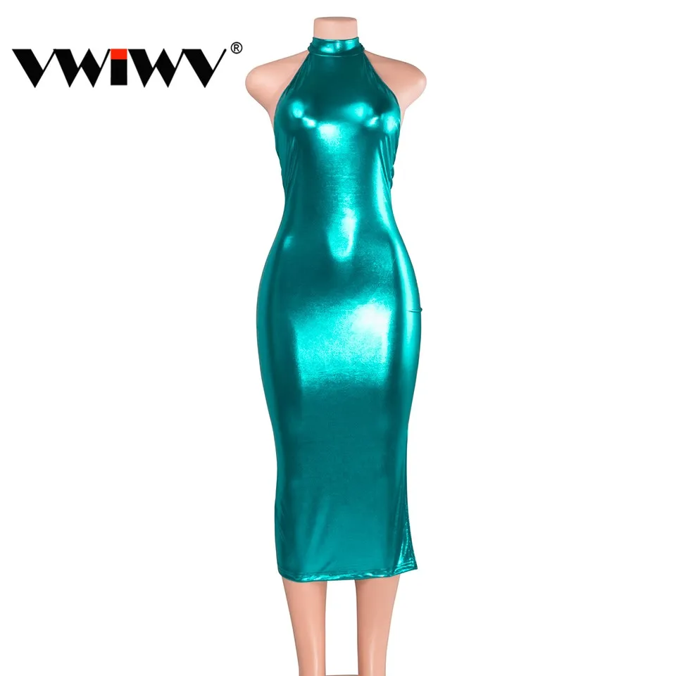 

VWIWV Sexy Club Mock neck Backless Dress Solid Sleeveless Silm bodycon dress straps 2019 Blue dress for women