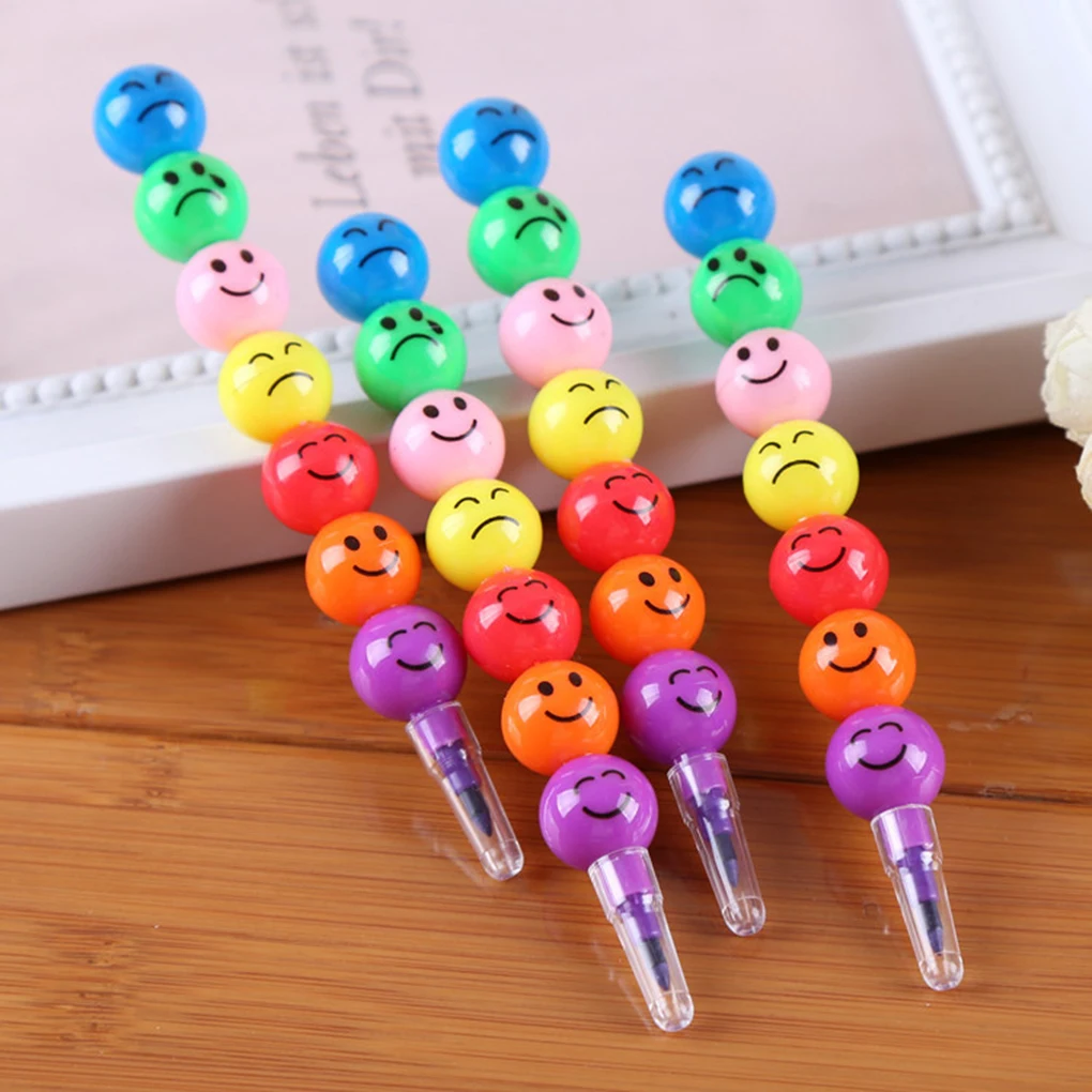 Популярный Стиль, 7 цветов, Мультяшные карандаши с принтом для лица, милые круглые ручки с граффити, канцелярские принадлежности, подарки, детский восковой карандаш-карандаш