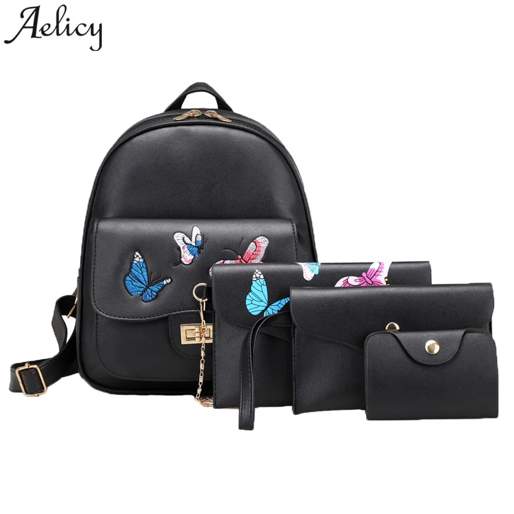 Aelicy, женский рюкзак, 4 комплекта, вышивка бабочки, школьная сумка для девочек+ сумка через плечо+ клатч, mochila feminina, Прямая поставка, хит