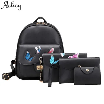 

Aelicy Women Backpack 4 Set Butterfly Embroidery Girl School Bag+Shoulder bag+clutch Bag mochila feminina drop ship 2020 hot