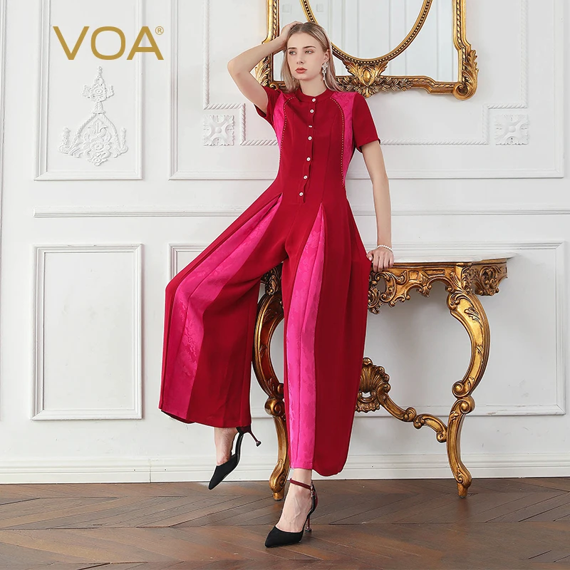 

VOA 2018 Silk Summer Short Sleeve Solid Color Stitching Pleated Long Section Mid-waist Ropa Mujer Verano Red Jumpsuit Women K681