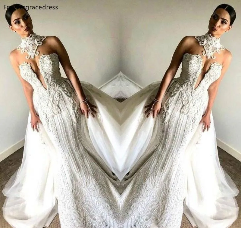 Fancy Lace Sleeveless Mermaid Wedding Dresses 2019 High Neck Beaded With Overskirts Plus Size Vintage Bridal Wedding Gowns BC0672  228 (2)