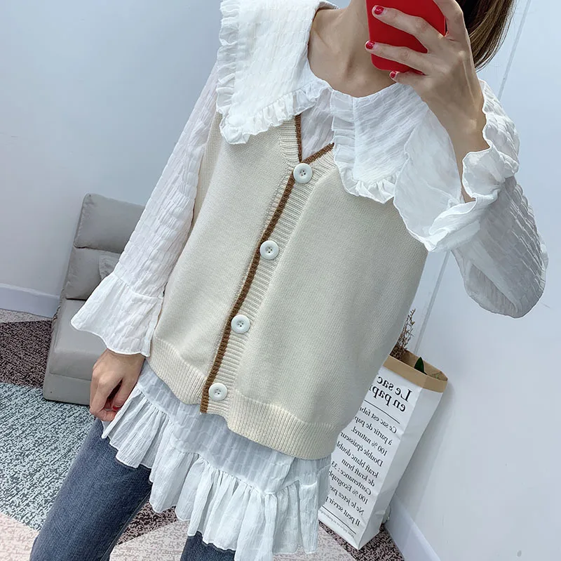 

2019 Spring New Arrival Korean Style V Neck Loose Knitted Vest Women Single Breasted Veste Femme 3-Color Available Free Shipping