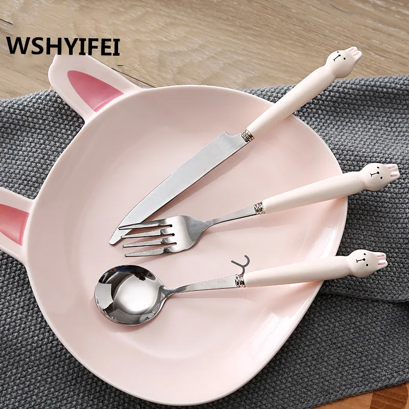 

Cutlery spoon three-piece household cute rabbit panda steak knife and fork plate set Western tableware children fork spoon