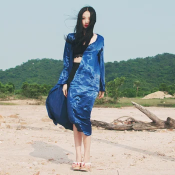 

2019 Japanese style Loose big sleeves long cool pajamas coat blue shirt