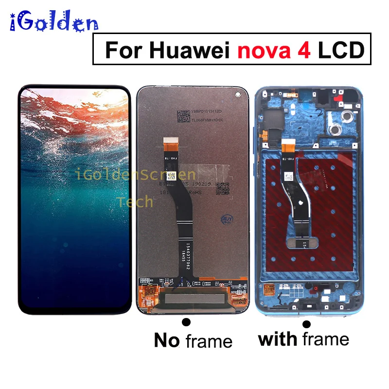 

Original 6.4"LCD Huawei Nova 4 LCD Display Touch Screen Panel Digitizer Assembly New VCE-L22 VCE-AL00 lcd with frame