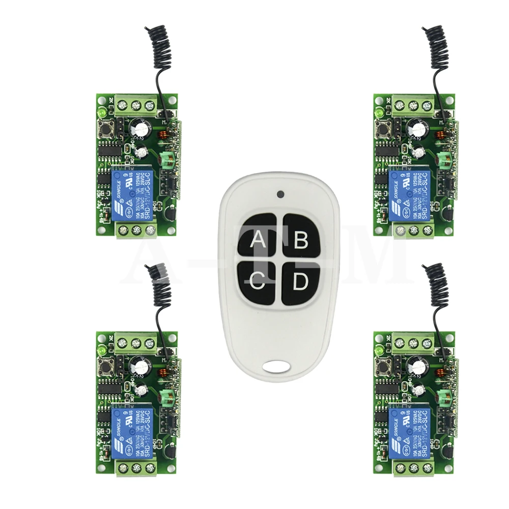 

DC 9V 12V 24V 1 CH 1CH RF Wireless Remote Control Switch System,315/433.92 MHZ ,4CH Transmitter + 4 X Receivers,Momentary/Toggle