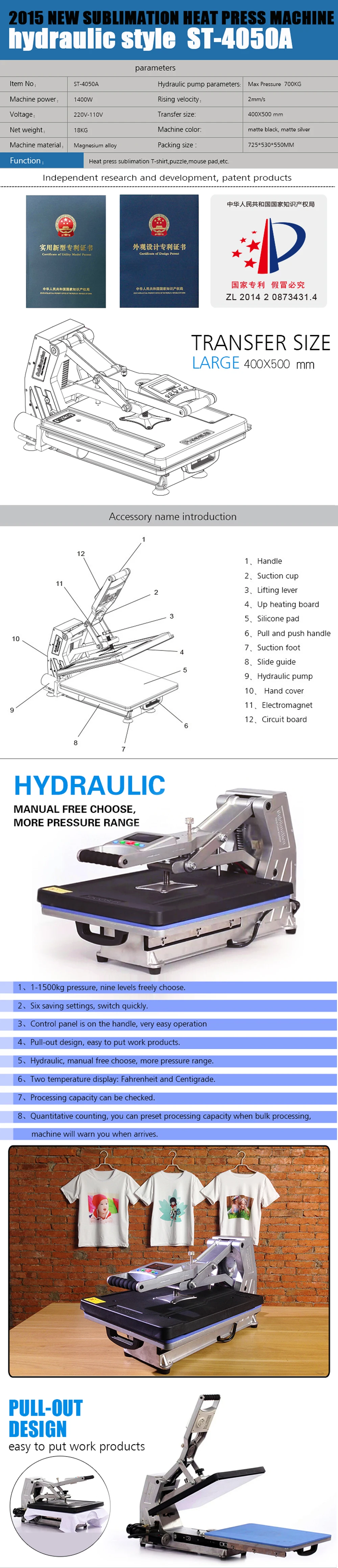 ST-4050A 40x50CM Hydraulic Press Machine Sublimation Heat Press Machine Heat Transfer for Tshirts Phone cases Pads Printing