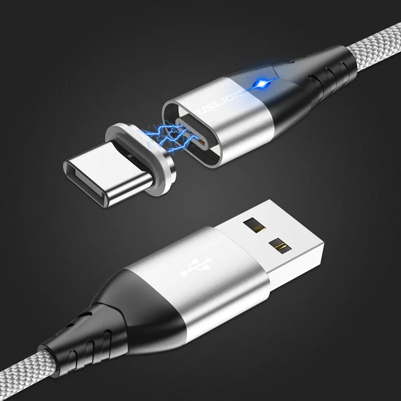 Магнитный usb-кабель USLION с магнитной вилкой и кабелем USB типа C и кабелем Micro usb 1 м USB кабель для быстрой зарядки samsung Xiaomi - Цвет: silver