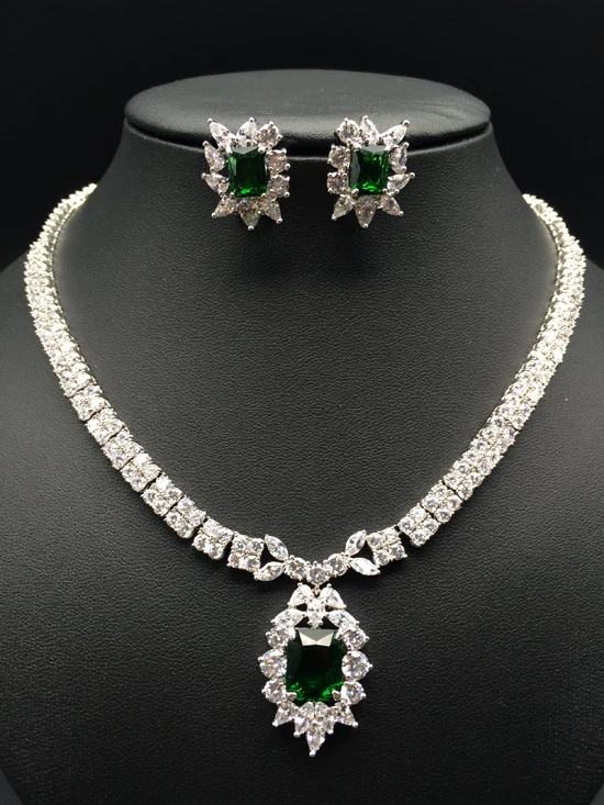 

2018 NEW fashion exquisite elegant noble green square zircon necklace earring set,wedding bride party dress dinner jewelry set