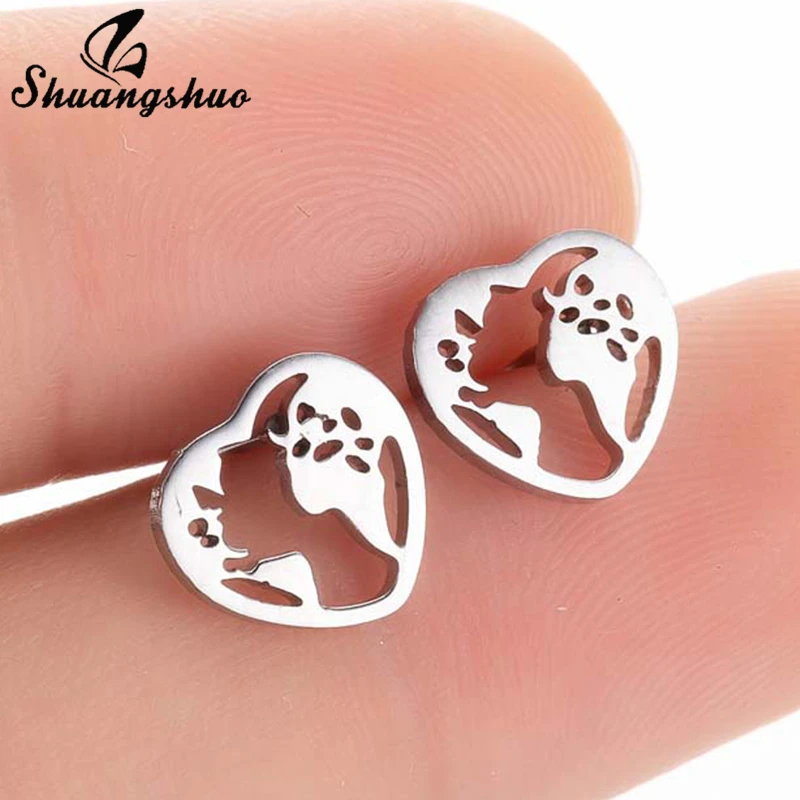 Shuangshuo Stainless Steel Heart World Map Earrings Fashion Cute Mini Earing for Women Ear Piercing Girls Tiny oorbellen | Украшения и