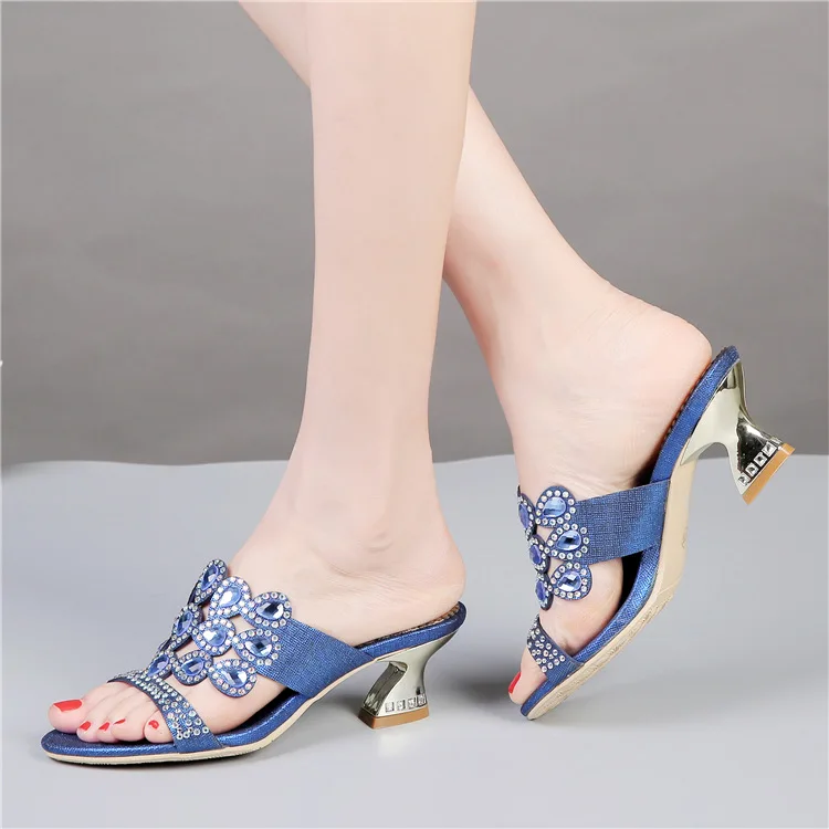 G-sparrow 2018 New Womens Bohemian Rhinestone Thick High Heeled Slippers High Quality Famous Brand Female Shoes Blue6