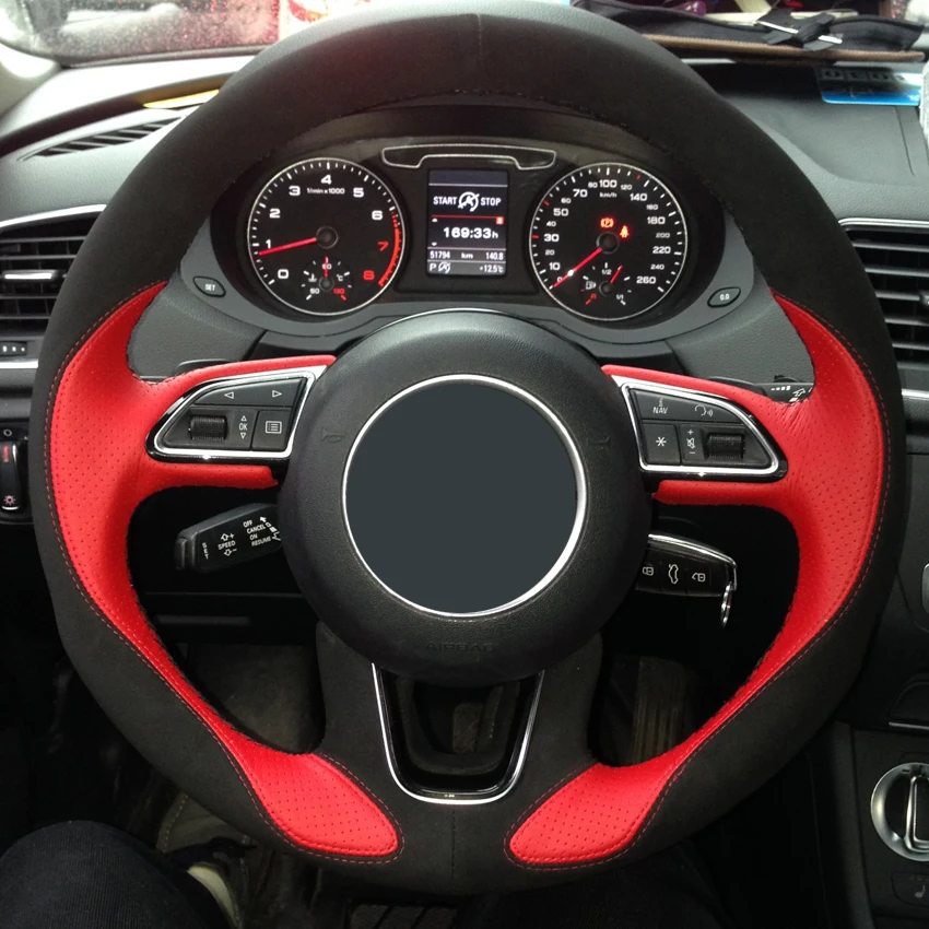 Black Suede Red Leather Car Steering Wheel Cover for Audi Q3 Q5 2013