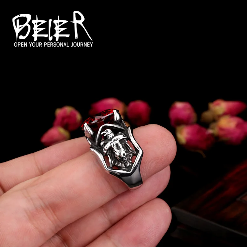 BEIER New Big Red Stone Ring For Men Stainless Steel Fashion Unique Jewelry Party gift BR-Q017