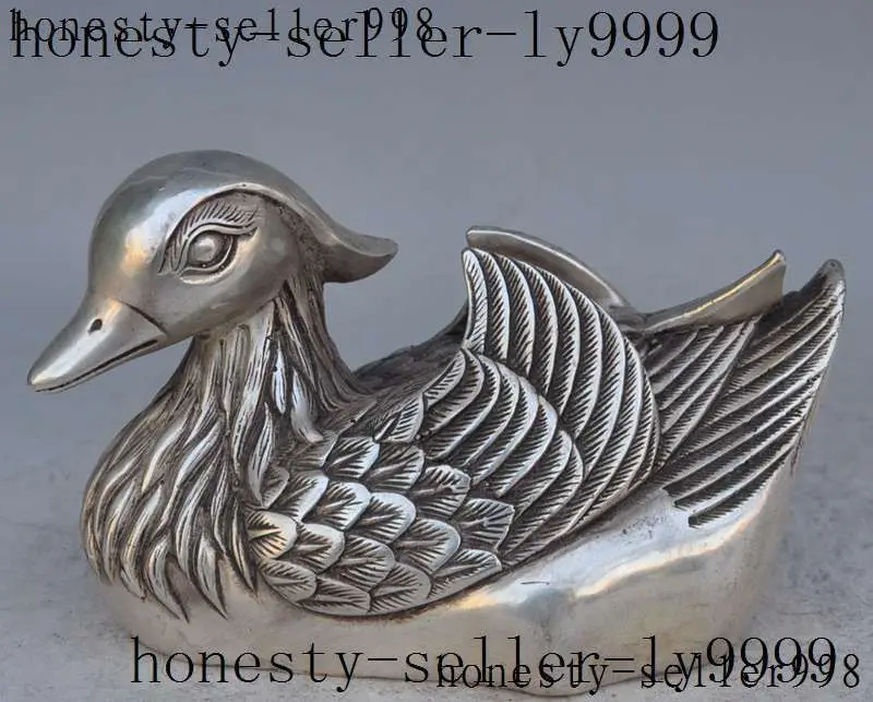 

6"marked china folk silver Mandarin duck Aix Galericulata d auspicious Statue Garden Decoration Brass Bronze
